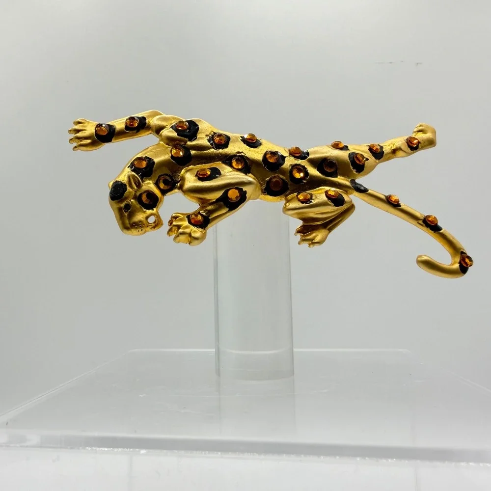 Vintage Gold Tone Leopard Brooch Amber Rhinestone Black Enamel Cheetah Pin 4 In